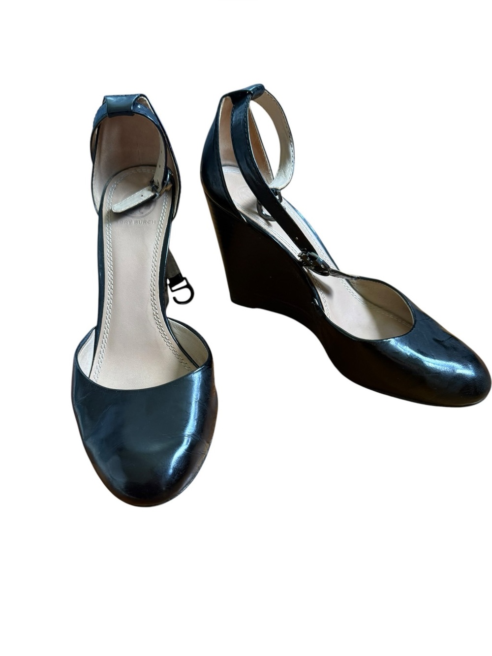 Tory Burch Black Leather Closed Round Toe Wedge Heels